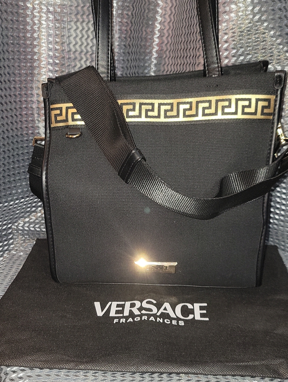 Versace Black Tote with Gold Greek Key Detail